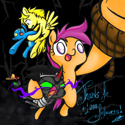 Size: 1000x1000 | Tagged: safe, artist:alskylark, artist:wiggles, imported from derpibooru, king sombra, scootaloo, ask king sombra, king sombrero, scootalootheadventurer