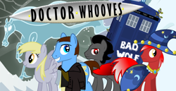 Size: 998x516 | Tagged: safe, imported from derpibooru, derpy hooves, doctor whooves, king sombra, star swirl the bearded, time turner, oc, pegasus, pony, windigo, bad wolf, doctor who, female, mare, ninth doctor, tardis, the doctor, time travel