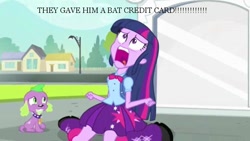 Size: 795x449 | Tagged: safe, edit, edited screencap, imported from derpibooru, screencap, spike, twilight sparkle, dog, equestria girls, equestria girls (movie), bat credit card, batman and robin, duo, nostalgia critic, open mouth, spike the dog, twiscream, uvula