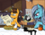 Size: 1200x942 | Tagged: safe, artist:madhotaru, imported from derpibooru, doctor horse, doctor stable, screw loose, pony, bed mane, bread, breakfast, coffee, drink, duo, female, glasses, magic, male, mare, morning ponies, mug, newspaper, open mouth, orange juice, paper boat, papercraft, stallion