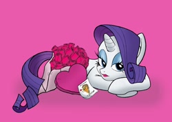Size: 1280x905 | Tagged: safe, artist:creamygravy, imported from derpibooru, applejack, rarity, ask-diamond-rarity, female, lipstick, prone, rarijack, rose, shipping, solo, valentine's day