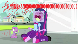 Size: 1200x675 | Tagged: safe, edit, edited screencap, imported from derpibooru, screencap, spike, twilight sparkle, dog, equestria girls, equestria girls (movie), big no, dialogue, duo, exploitable meme, eyes closed, kneeling, open mouth, sitting, speech bubble, spike the dog, stylistic suck, twiscream