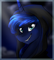 Size: 800x900 | Tagged: safe, artist:oscarina1234, imported from derpibooru, princess luna, cloak, clothes, female, grin, night, portrait, solo