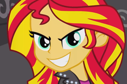 Size: 711x473 | Tagged: safe, imported from derpibooru, screencap, sunset shimmer, equestria girls, equestria girls (movie), evil grin, female, grin, pure unfiltered evil, reaction image, smiling, solo