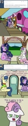 Size: 500x2250 | Tagged: safe, artist:scramjet747, imported from derpibooru, fiddlesticks, sweetie belle, earth pony, pony, robot, robot pony, unicorn, apple family member, blank flank, clothes, comic, female, filly, floppy ears, foal, future sweetie bot, hat, hooves, horn, mare, older, open mouth, saddle bag, self ponidox, sitting, solo, standing, sweetie bot, sweetie bot replies, talking