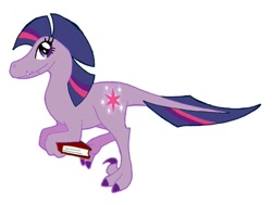 Size: 587x443 | Tagged: artist needed, safe, artist:ironychan, imported from derpibooru, twilight sparkle, dinosaur, velociraptor, book, dinosaurified, female, looking back, simple background, solo, species swap, white background