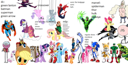 Size: 1280x650 | Tagged: safe, imported from derpibooru, apple bloom, applejack, diamond tiara, fluttershy, pinkie pie, rainbow dash, rarity, scootaloo, silver spoon, sweetie belle, twilight sparkle, chipmunk, alvin, alvin and the chipmunks, alvin seville, amy rose, batman, benson, cape, clothes, collage, crossover, cutie mark crusaders, dress, green arrow, hawkeye, mane six, miles "tails" prower, mordecai, mordecai and rigby, pops, pops maellard, quality, regular show, rigby, simon, simon seville, skips, sonic the hedgehog, sonic the hedgehog (series), spider-man, superhero, superman, the incredible hulk, theodore, theodore seville, thor