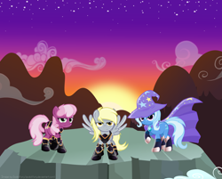 Size: 3730x3000 | Tagged: safe, artist:godoffury, imported from derpibooru, cheerilee, derpy hooves, trixie, pegasus, pony, armor, female, mare, sunset