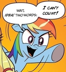 Size: 334x366 | Tagged: safe, idw, imported from derpibooru, rainbow dash, comic, dyscalculia, exploitable meme, meme, palindrome get, reaction image, two words meme