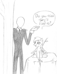 Size: 694x905 | Tagged: safe, artist:zeromidnight, imported from derpibooru, derpy hooves, pegasus, pony, clothes, female, mare, slenderman, speech bubble, suit, traditional art