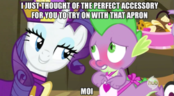 Size: 631x351 | Tagged: safe, edit, edited screencap, imported from derpibooru, screencap, rarity, spike, dragon, pony, unicorn, dragon quest, apron, blushing, caption, clothes, female, hub logo, image macro, male, mare, meme, rarity's bad pickup lines, shipping, sparity, straight