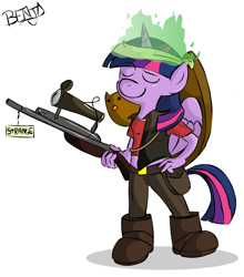 Size: 950x1080 | Tagged: safe, artist:benja, imported from derpibooru, twilight sparkle, alicorn, anthro, bird, owl, animal, clothes, eyes closed, female, gun, hooves, horn, mare, midriff, optical sight, parody, rifle, short shirt, simple background, sniper, sniper rifle, solo, team fortress 2, twilight sparkle (alicorn), weapon, white background, wings