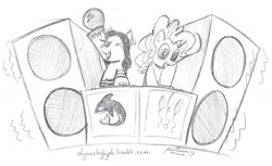 Size: 1280x785 | Tagged: safe, artist:meliexius-marcus, imported from derpibooru, pinkie pie, oc, 30 minute art challenge, bowling ball, disc jockey, dj table, speaker, speakers, turntable