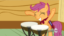 Size: 380x214 | Tagged: safe, imported from derpibooru, screencap, scootaloo, pegasus, pony, one bad apple, animated, drums, female, musical instrument, screen shake, solo, song of my people