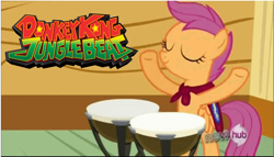 Size: 1496x854 | Tagged: safe, edit, imported from derpibooru, scootaloo, donkey kong country, donkey kong jungle beat, donkey kong: jungle beat, drums, musical instrument