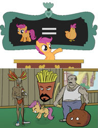 Size: 503x655 | Tagged: safe, artist:madmax, edit, imported from derpibooru, scootaloo, bird, chicken, human, pegasus, pony, aqua teen hunger force, billywitchdoctor.com, billywitchdoctordotcom, carl, carl brutananadilewski, clothes, female, filly, frylock, male, meatwad, origins, scootachicken