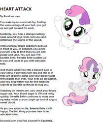 Size: 450x539 | Tagged: safe, artist:randomosaur, imported from derpibooru, sweetie belle, cute, diabetes, diasweetes, heart attack, meta, story, text, the equestria after death