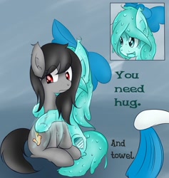 Size: 1280x1348 | Tagged: safe, artist:freefraq, imported from derpibooru, oc, oc only, oc:pencil scratch, oc:shiny slime, goo pony, original species, ask, hug, slime, towel, tumblr