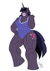 Size: 877x1240 | Tagged: safe, artist:tricornking, imported from derpibooru, twilight sparkle, anthro, twilight unbound, abs, clothes, fetish, leotard, muscle fetish, one-piece swimsuit, stout, strong fat, swimsuit, twilight muscle, werelight shine