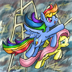 Size: 600x600 | Tagged: safe, artist:tinyfinch, imported from derpibooru, fluttershy, rainbow dash, flying, lightning