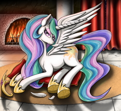 Size: 1200x1100 | Tagged: safe, artist:nalesia, imported from derpibooru, princess celestia, alicorn, pony, bedroom eyes, crown, eyeshadow, feather, female, fireplace, looking at you, mare, pillow, preening, prone, smiling, solo, spread wings