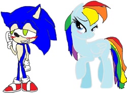 Size: 900x659 | Tagged: safe, artist:sonicboy100, imported from derpibooru, rainbow dash, blushing, crossover, crossover shipping, female, interspecies, male, sonic the hedgehog, sonic the hedgehog (series), sonicdash, straight