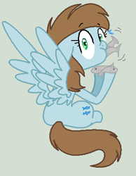 Size: 344x443 | Tagged: safe, artist:shineemew, imported from derpibooru, blue buck, deep blue, fish, pegasus, pony, caught, dead, eating, female, floppy ears, green background, hoof hold, looking at you, looking back, mare, ponies eating meat, ponies eating seafood, sitting, solo, spread wings, wide eyes, x eyes
