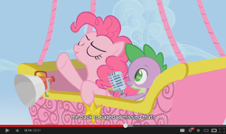 Size: 854x510 | Tagged: safe, imported from derpibooru, screencap, pinkie pie, spike, fall weather friends, hot air balloon, megaphone, microphone, twinkling balloon, youtube caption