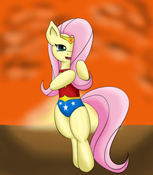 Size: 3500x4000 | Tagged: safe, artist:lordzid, imported from derpibooru, fluttershy, female, hind legs, legs together, parody, solo, wonder woman