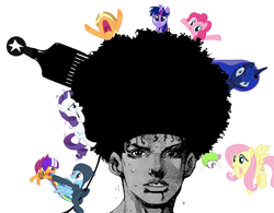 Size: 1000x781 | Tagged: safe, imported from derpibooru, applejack, fluttershy, pinkie pie, princess luna, rainbow dash, rarity, scootaloo, sweetie belle, twilight sparkle, afro, jojo's bizarre adventure, jojolion, josefumi kujo, josuke higashikata (jojolion), mane six, ponylice