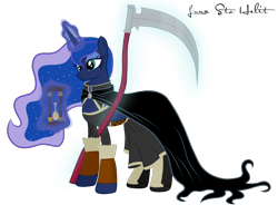 Size: 2000x1469 | Tagged: safe, artist:ellissummer, imported from derpibooru, princess luna, alicorn, pony, cape, clothes, crossover, discworld, dress, female, hourglass, scythe, simple background, solo, susan sto helit, transparent background