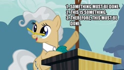 Size: 1034x582 | Tagged: safe, edit, edited screencap, imported from derpibooru, screencap, mayor mare, the last roundup, female, glasses, image macro, podium, politician's fallacy, politics, solo