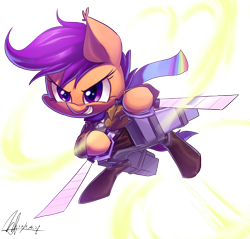 Size: 4228x4041 | Tagged: safe, artist:jggjqm522, imported from derpibooru, scootaloo, 3d maneuver gear, absurd resolution, crossover, dual wield, female, solo, sword, weapon