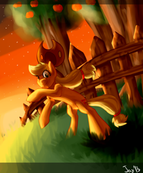 Size: 936x1132 | Tagged: safe, artist:radioactivenyaz, imported from derpibooru, applejack, apple tree, fence, tree