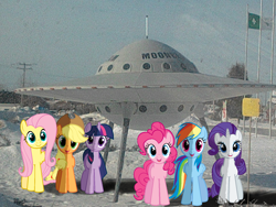 Size: 1600x1200 | Tagged: safe, artist:the737, imported from derpibooru, applejack, fluttershy, pinkie pie, rainbow dash, rarity, twilight sparkle, flag, mane six, ponies in real life, shadow, snow, spaceship