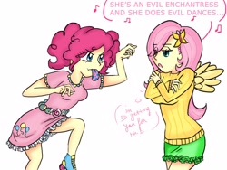 Size: 4000x3000 | Tagged: safe, artist:shigersdawn, imported from derpibooru, fluttershy, pinkie pie, human, bridle gossip, clothes, dress, duo, evil enchantress, flutterguy, frilly dress, humanized, scene interpretation, skirt, spitty pie, sweater, sweatershy, winged humanization