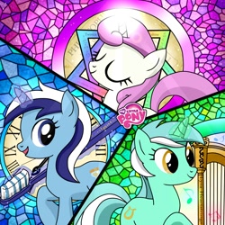 Size: 1500x1500 | Tagged: safe, artist:ringodaifuku, imported from derpibooru, lyra heartstrings, minuette, twinkleshine, pony, unicorn, background pony, female, harp, magic, mare, musical instrument, my little pony logo, pixiv, stained glass, toothbrush