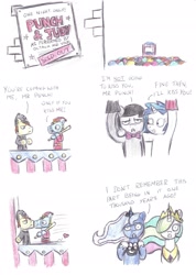 Size: 2206x3107 | Tagged: safe, artist:bobthedalek, imported from derpibooru, dj pon-3, octavia melody, princess celestia, princess luna, vinyl scratch, alicorn, earth pony, pony, unicorn, comic, dialogue, female, heart, lesbian, punch & judy, scratchtavia, shipping, sock puppet, stage, traditional art