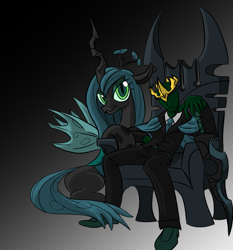 Size: 1739x1869 | Tagged: source needed, safe, artist:sawhorse, imported from derpibooru, queen chrysalis, oc, oc:anon, changeling, changeling queen, clothes, crown, female, necktie, pants, shirt, shoes, simple background, smirk, suit, sword, throne