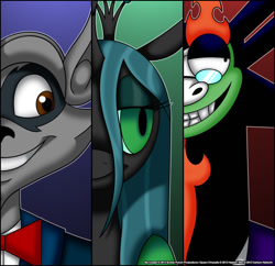 Size: 908x880 | Tagged: safe, artist:verona, imported from derpibooru, queen chrysalis, aku, crossover, samurai jack, sly cooper, wat