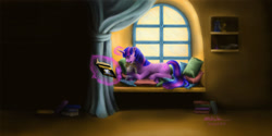 Size: 2083x1043 | Tagged: safe, artist:anjyil, imported from derpibooru, smarty pants, twilight sparkle, bedroom, book, doctor who, magic, reading, shelf, tardis, window