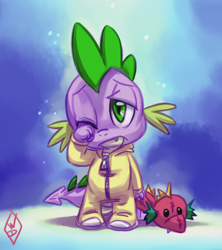 Size: 800x900 | Tagged: safe, artist:whitediamonds, imported from derpibooru, spike, dragon, baby, baby dragon, clothes, cute, fangs, footed sleeper, green eyes, groggy, male, one eye closed, pajamas, plushie, signature, simple background, sleepy, solo, spikabetes, tired, toy, watermark, zipper