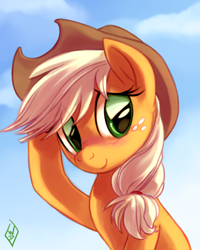 Size: 800x1000 | Tagged: safe, artist:whitediamonds, imported from derpibooru, applejack, earth pony, pony, blushing, bust, cute, featured image, female, freckles, jackabetes, looking away, sexy, shy, sitting, smiling, solo, sweet dreams fuel