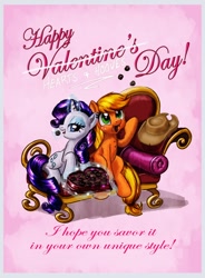 Size: 1000x1362 | Tagged: safe, artist:harwick, imported from derpibooru, applejack, rarity, chocolate, couch, fainting couch, female, lesbian, rarijack, shipping, valentine, valentine's day