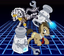 Size: 6864x6000 | Tagged: safe, artist:tygerbug, imported from derpibooru, doctor whooves, time turner, zecora, earth pony, pony, zebra, absurd resolution, crossover, dalek, doctor who, female, male, mare, ponified, river song, river song (doctor who), salt shaker, sonic screwdriver, stallion, the doctor