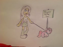 Size: 2592x1936 | Tagged: safe, artist:fluffsplosion, imported from derpibooru, fluttershy, fluffy pony, equestria girls, faith summers, humanized, leash, sign, traditional art, uncanny valley