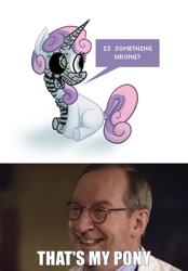 Size: 700x1006 | Tagged: safe, imported from derpibooru, sweetie belle, human, pony, robot, robot pony, unicorn, blank flank, edwin bracewell, female, filly, foal, hooves, horn, meme, simple background, sitting, solo, speech bubble, sweetie bot, talking, that's my x, white background