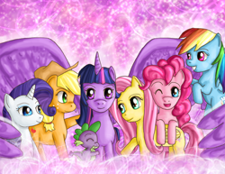 Size: 800x618 | Tagged: safe, artist:icypanther1, imported from derpibooru, applejack, fluttershy, pinkie pie, rainbow dash, rarity, spike, twilight sparkle, alicorn, pony, female, mane seven, mane six, mare, twilight sparkle (alicorn), winghug