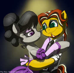 Size: 781x773 | Tagged: safe, artist:drizziedoodles, imported from derpibooru, octavia melody, oc, oc:honey drizzle, pony, bipedal, canon x oc, clothes, dancing, dress