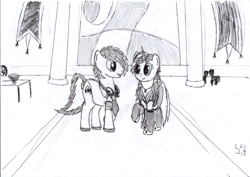 Size: 3507x2481 | Tagged: safe, artist:bamthand, imported from derpibooru, oc, oc only, oc:olive martini, oc:scribble tale, earth pony, pony, unicorn, clothes, dress, gala dress, headphones, traditional art